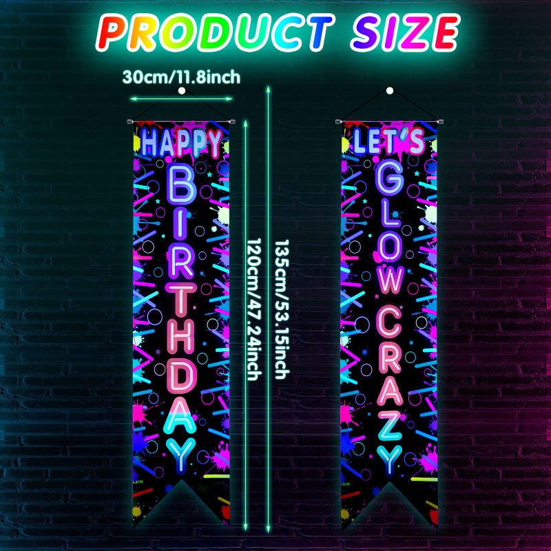 Tegeme 2 Pcs Glow in the Dark Party Supplies Neon Happy Birthday Banner Let's Glow Crazy Porch Sign for Black Light Themed Party Decorations Photo Booth Backdrop - Image 5