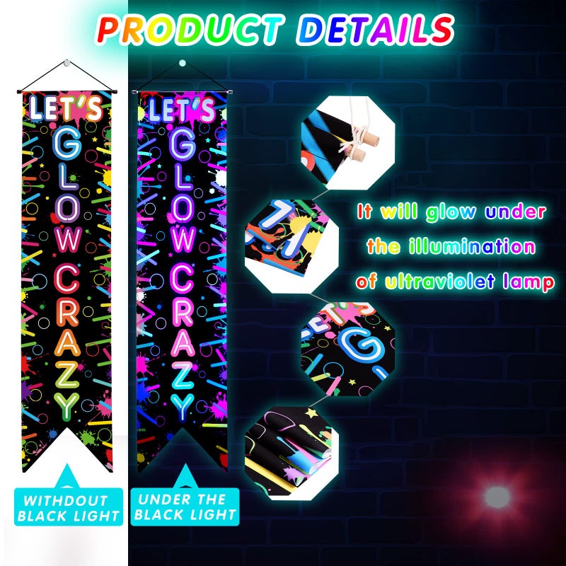 Tegeme 2 Pcs Glow in the Dark Party Supplies Neon Happy Birthday Banner Let's Glow Crazy Porch Sign for Black Light Themed Party Decorations Photo Booth Backdrop - Image 2