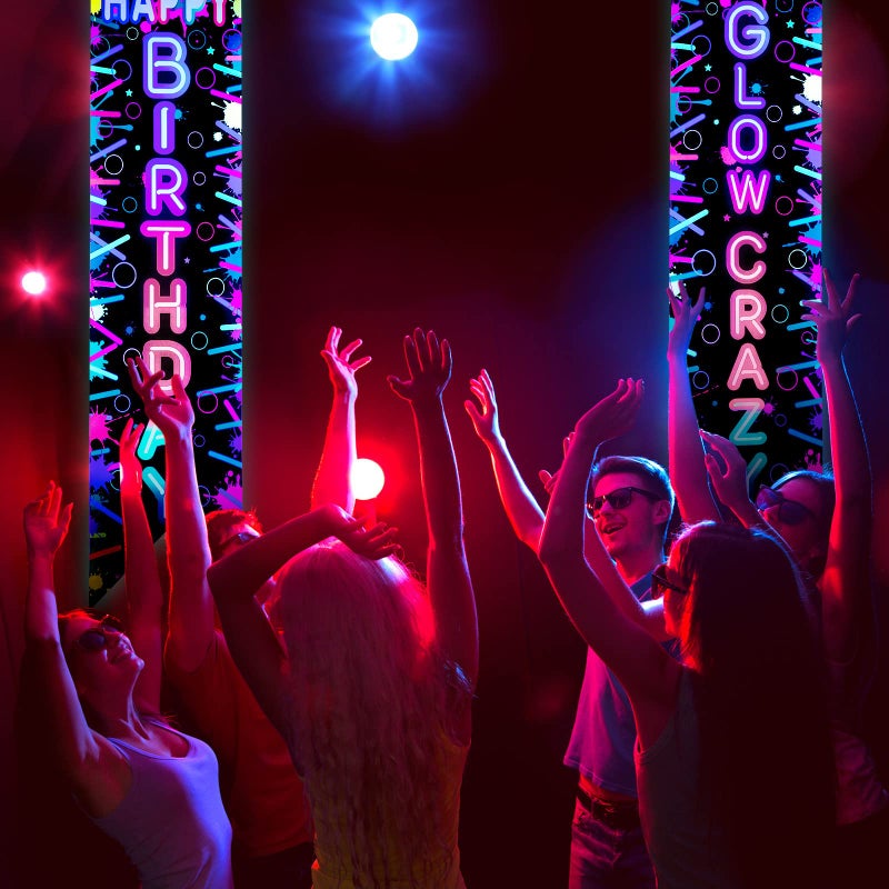 Tegeme 2 Pcs Glow in the Dark Party Supplies Neon Happy Birthday Banner Let's Glow Crazy Porch Sign for Black Light Themed Party Decorations Photo Booth Backdrop - Image 3