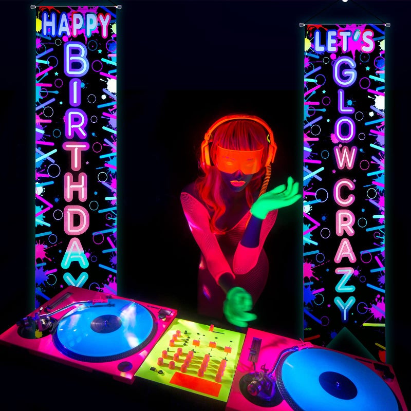 Tegeme 2 Pcs Glow in the Dark Party Supplies Neon Happy Birthday Banner Let's Glow Crazy Porch Sign for Black Light Themed Party Decorations Photo Booth Backdrop - Image 4