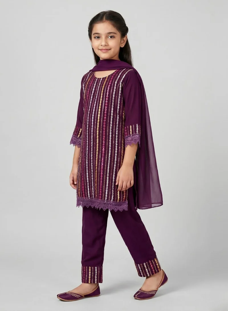 babyqlo Girls Purple Embellished Kurta Pant Set