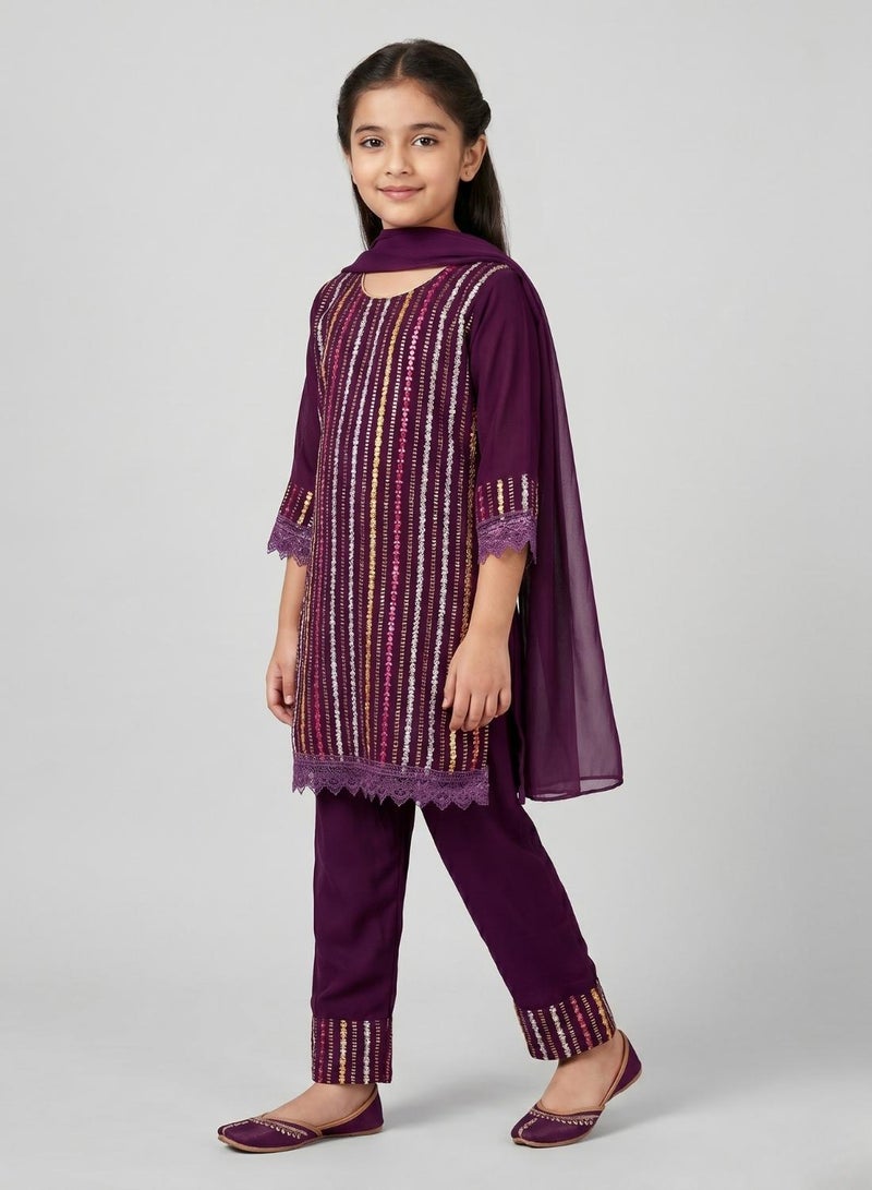 babyqlo طقم كورتا بنطلون مزين للفتيات باللون الأرجواني - Image 1
