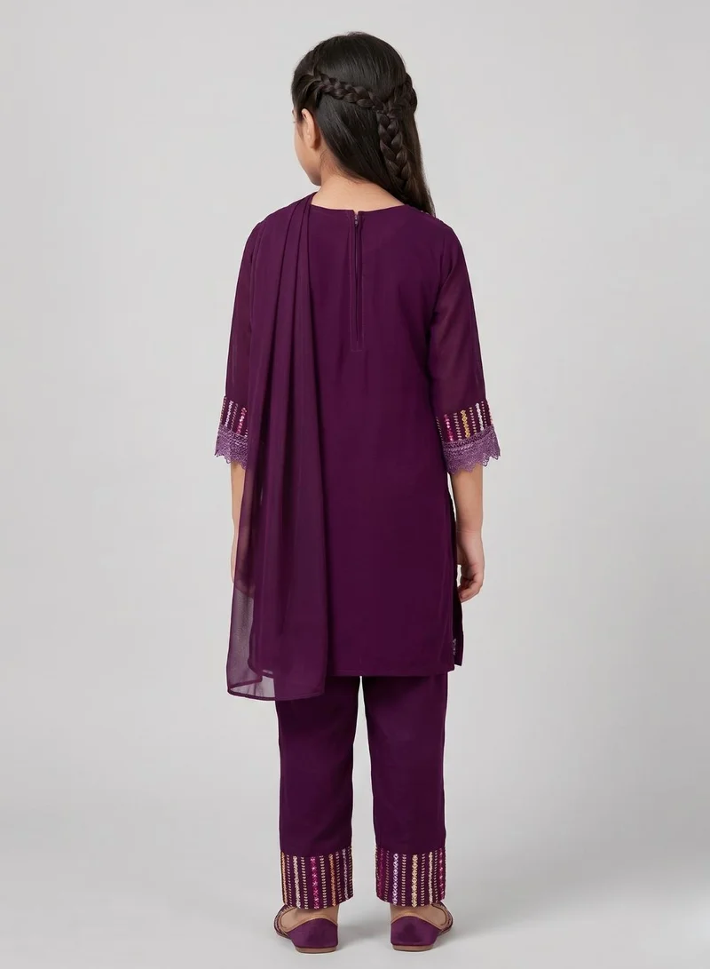 babyqlo Girls Purple Embellished Kurta Pant Set