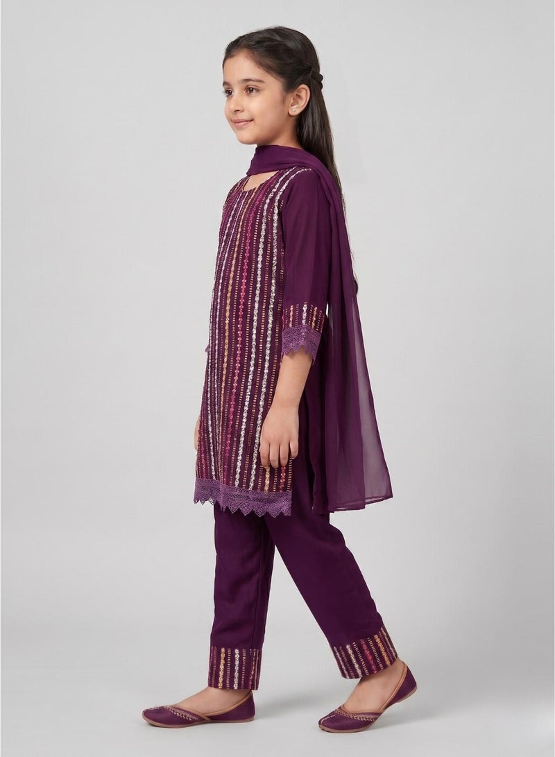 babyqlo طقم كورتا بنطلون مزين للفتيات باللون الأرجواني - Image 3