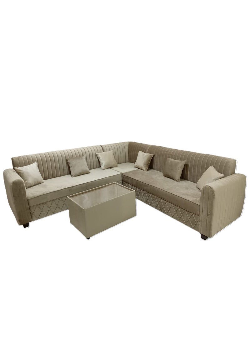 أريكة زاوية بنية اللون من ليون للأثاث، تتسع لخمسة أشخاص (250 × 250 سم)، مع طاولة قهوة مستطيلة وست وسائد - ظهر بقنوات عمودية وقاعدة مبطنة بنمط ماسي - Image 1