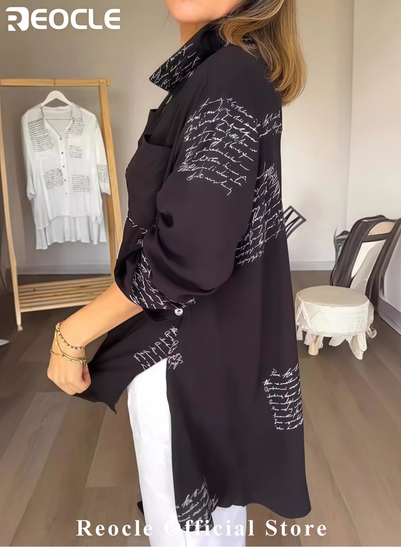 REOCLE Women's Shirts Letter Print Fashion Lapel Shirt Long Sleeve Newspaper Print and Button Casual Loose Shirt Long Sleeve Cool Shirt - Image 2