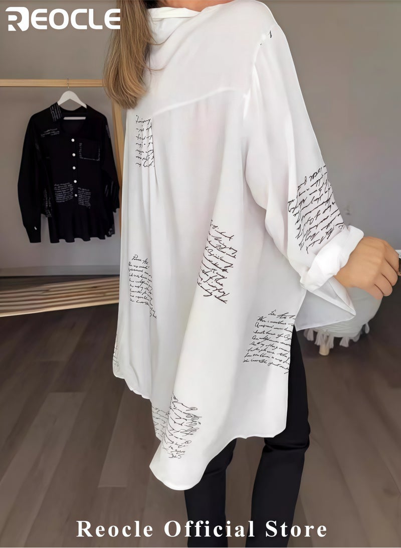REOCLE Women's Shirts Letter Print Fashion Lapel Shirt Long Sleeve Newspaper Print and Button Casual Loose Shirt Long Sleeve Cool Shirt - Image 5