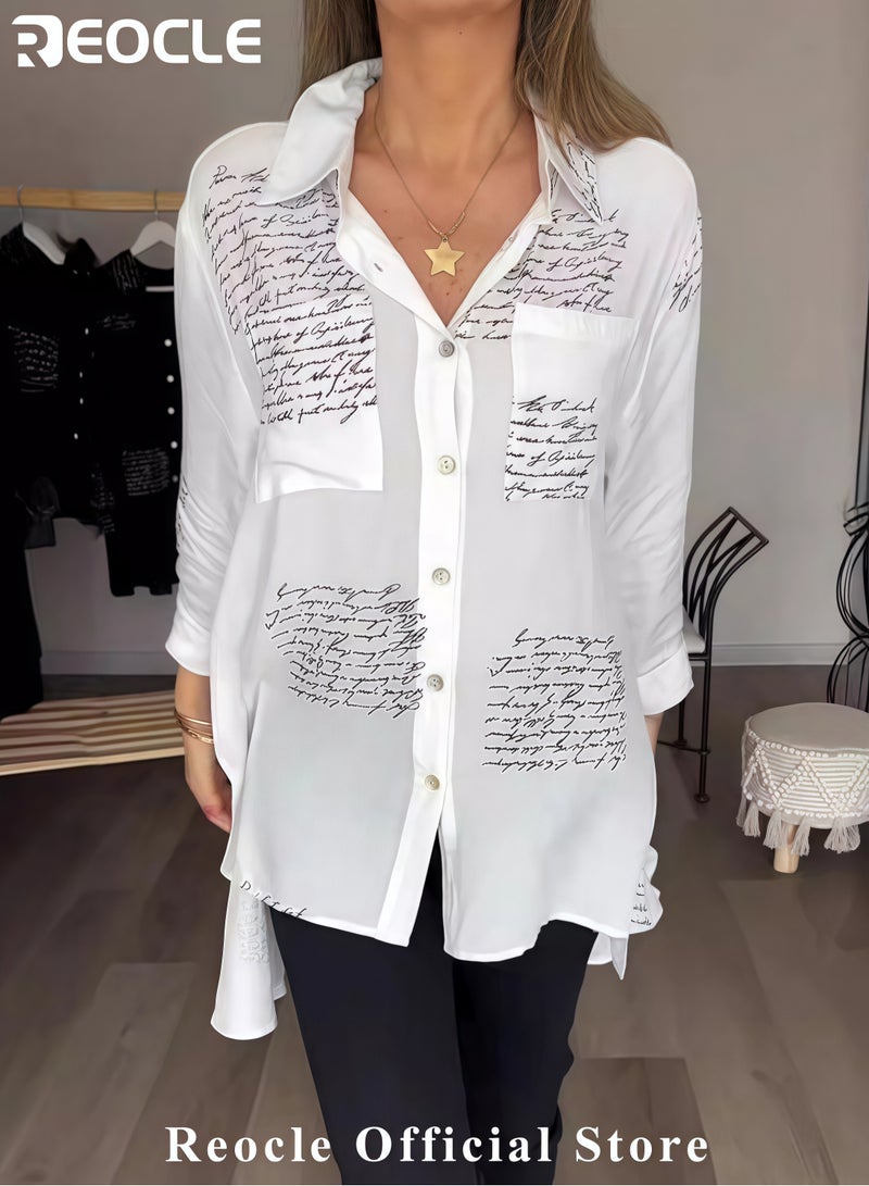 REOCLE Women's Shirts Letter Print Fashion Lapel Shirt Long Sleeve Newspaper Print and Button Casual Loose Shirt Long Sleeve Cool Shirt - Image 4