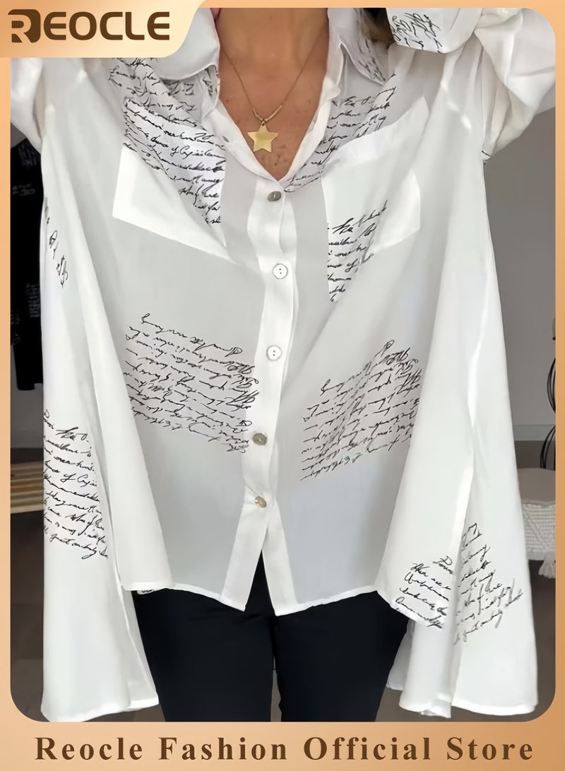 REOCLE Women's Shirts Letter Print Fashion Lapel Shirt Long Sleeve Newspaper Print and Button Casual Loose Shirt Long Sleeve Cool Shirt - Image 1