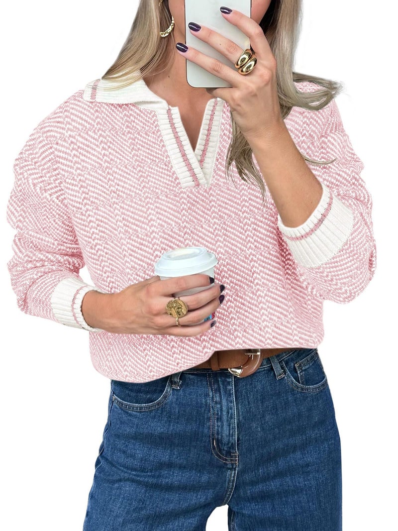 Saodimallsu Womens Fall Sweaters Tops Lapel V Neck Knit Sweater Color Block Long Sleeve Casual Soft Pullover Shirt Pink - Image 1