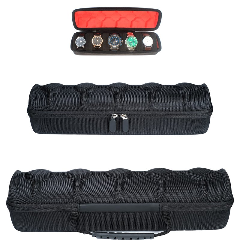 RIGICASE Hard 5 Slots Watch travel case with Soft Separation pillow fit mens womens casualsportsdivingdressautomatic watches up to 60mm sized face with luxury red liningcase only
