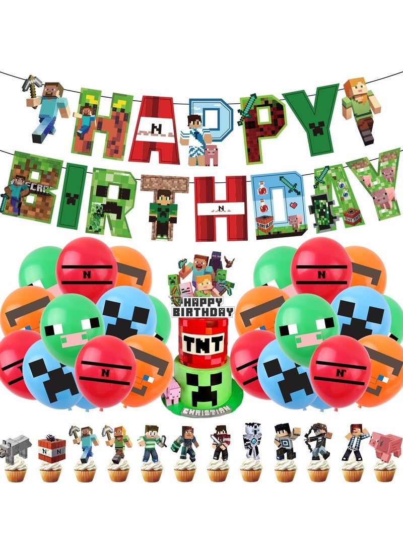 ماين كرافت مجموعة إكليل بالون Minecraft Pixels مع لافتة عيد ميلاد سعيد ، كعكة توبر ، مثالية للتخرج استحمام الطفل عيد ميلاد حفلة توديع العازبة الخلفية الديكور ، مناسبة للداخلية والخارجية - Image 1