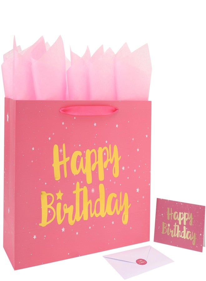 Qirrmiy 16.5” Extra Large Pink Happy Birthday Gift Bag Set with Handles, Greeting Card, Tissue Papers and Stickers for Women Girls Kids, Stars Design, 1 Pcs. - Image 1