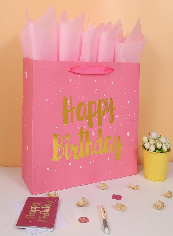 Qirrmiy 16.5” Extra Large Pink Happy Birthday Gift Bag Set with Handles, Greeting Card, Tissue Papers and Stickers for Women Girls Kids, Stars Design, 1 Pcs. - Image 5