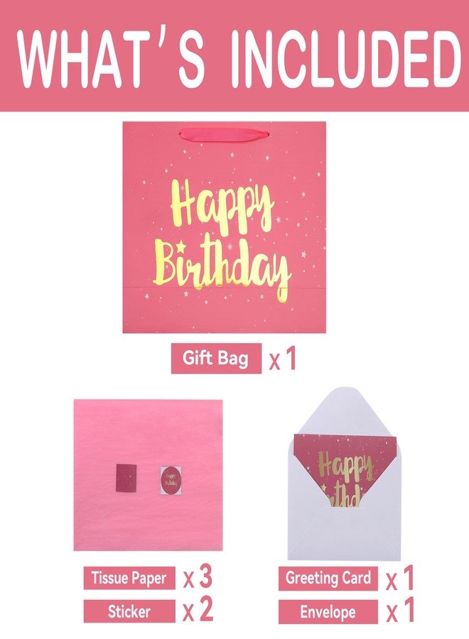 Qirrmiy 16.5” Extra Large Pink Happy Birthday Gift Bag Set with Handles, Greeting Card, Tissue Papers and Stickers for Women Girls Kids, Stars Design, 1 Pcs. - Image 3