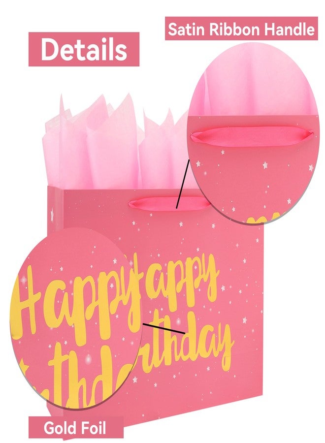 Qirrmiy 16.5” Extra Large Pink Happy Birthday Gift Bag Set with Handles, Greeting Card, Tissue Papers and Stickers for Women Girls Kids, Stars Design, 1 Pcs. - Image 4