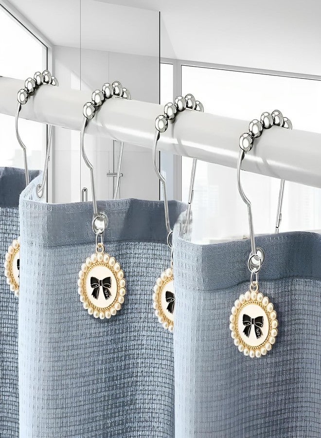 12pcs Bow Shower Curtain Hooks Rings, Zinc Alloy Bow with Resin Pearl Pendant Home Shower Curtain Rings Decor Accessories - Image 3