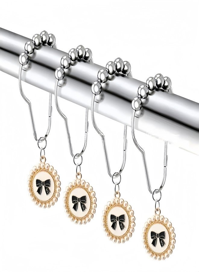 12pcs Bow Shower Curtain Hooks Rings, Zinc Alloy Bow with Resin Pearl Pendant Home Shower Curtain Rings Decor Accessories - Image 1