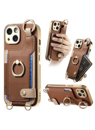 For iPhone 14 Plus Fashion Ring Card Bag Phone Case with Hang Loop(Brown) - pzsku/ZA17B2B02EA2AB30B72FBZ/45/_/1739888106/49b18f95-e4c1-4047-ad2d-4a2908b98f4a