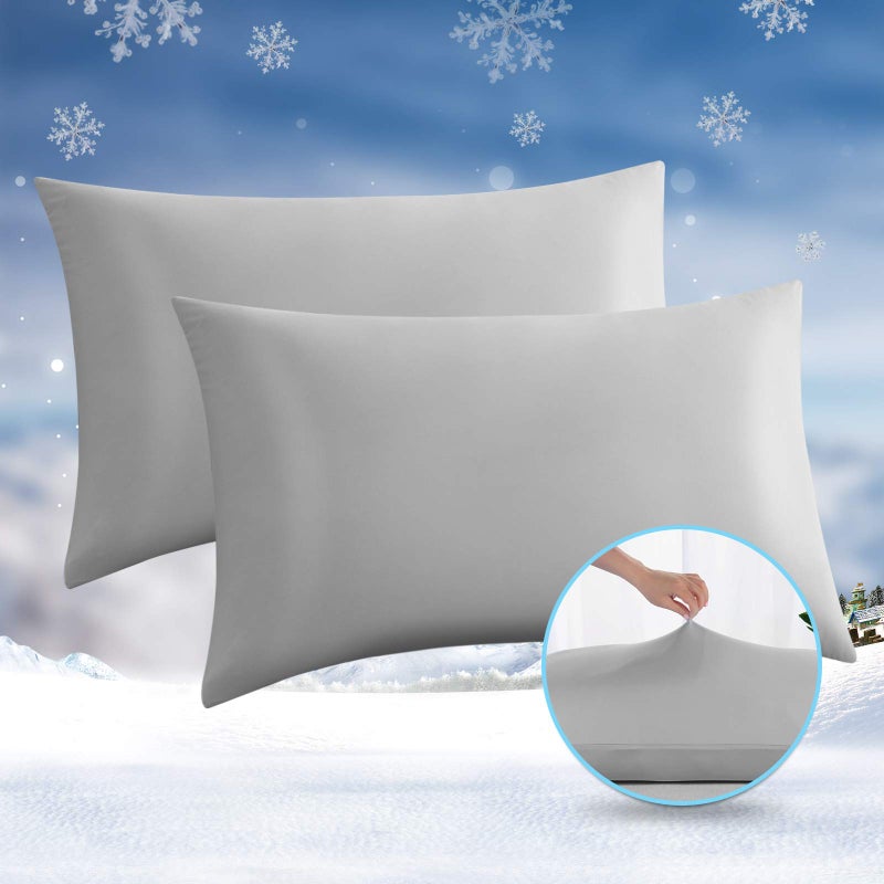 Avolare Cooling Pillow Cases  2 Pack Arc-Chill Q-max>0.5 Cool King Size Summer Pillow Cover for Hair Skin  Soft Silky 20"" x 36"" Stain Pillowcase Protector with Zipper - Gray - Image 1