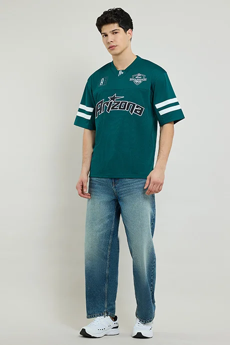 أر أند بي Printed Jersey T-Shirt with V-Neck and Short Sleeves