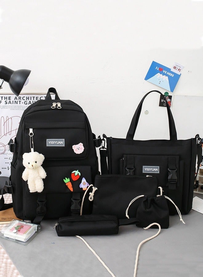 Joychic مجموعة حقيبة ظهر مدرسية من القماش بسعة كبيرة مكونة من 5 قطع متعددة الوظائف مع حقيبة أقلام للطلاب في المرحلة المتوسطة والثانوية والكليات باللون الأسود - Image 1