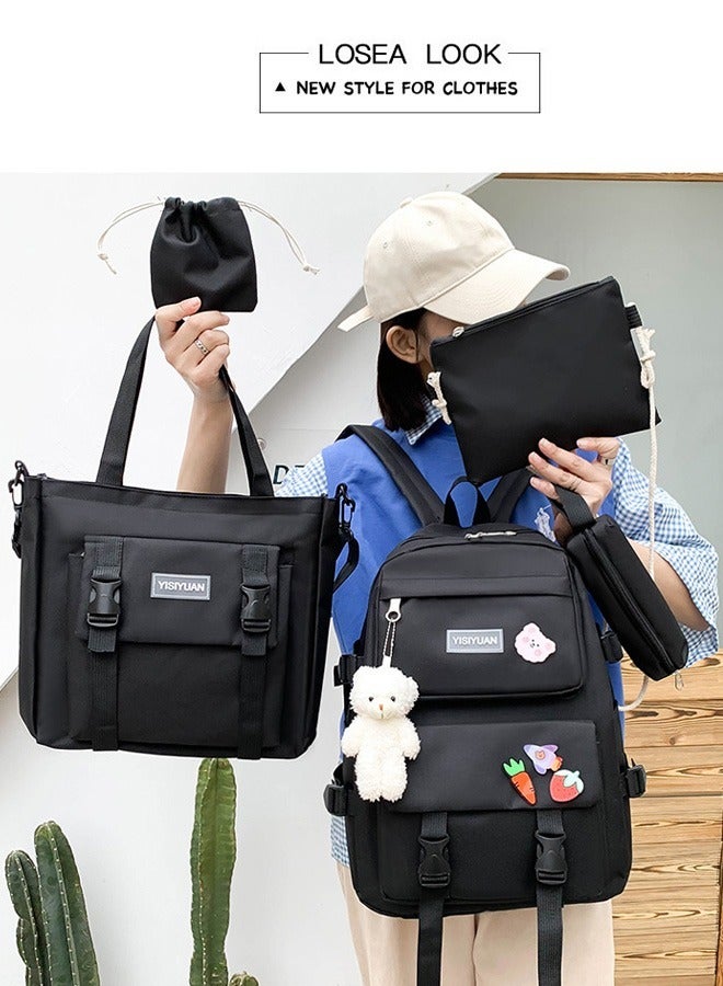 Joychic مجموعة حقيبة ظهر مدرسية من القماش بسعة كبيرة مكونة من 5 قطع متعددة الوظائف مع حقيبة أقلام للطلاب في المرحلة المتوسطة والثانوية والكليات باللون الأسود - Image 2