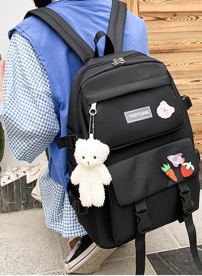 Joychic مجموعة حقيبة ظهر مدرسية من القماش بسعة كبيرة مكونة من 5 قطع متعددة الوظائف مع حقيبة أقلام للطلاب في المرحلة المتوسطة والثانوية والكليات باللون الأسود - Image 3