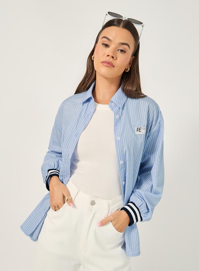 Styli Oversized Striped Collared Shirt with Patch Detail  - Image 1