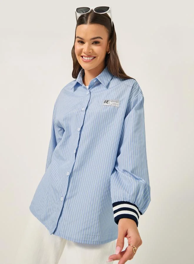 Styli Oversized Striped Collared Shirt with Patch Detail