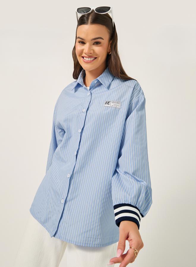 Styli Oversized Striped Collared Shirt with Patch Detail  - Image 3