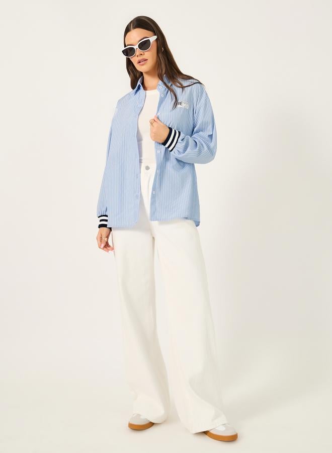 Styli Oversized Striped Collared Shirt with Patch Detail  - Image 2