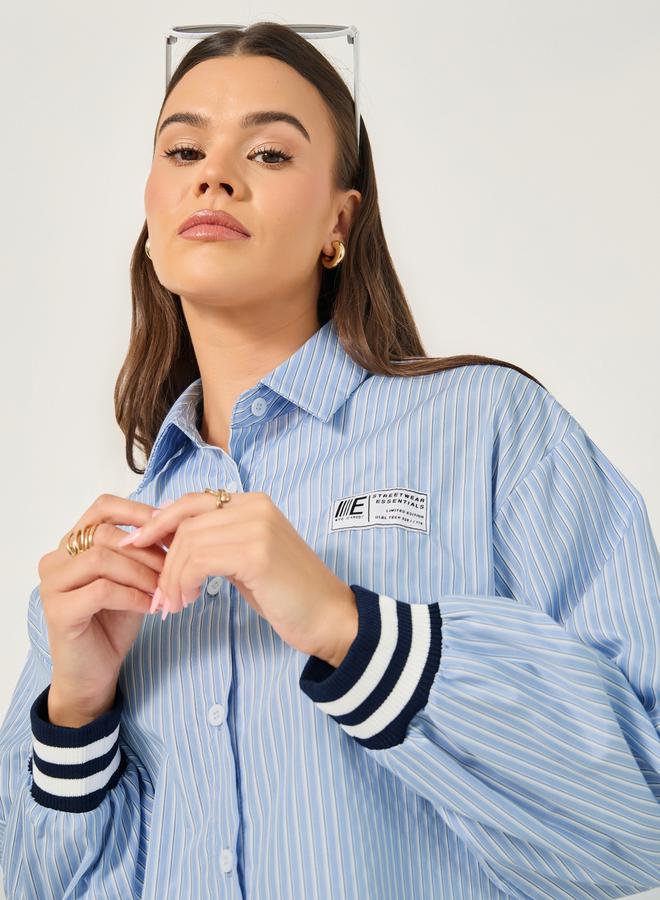Styli Oversized Striped Collared Shirt with Patch Detail  - Image 4