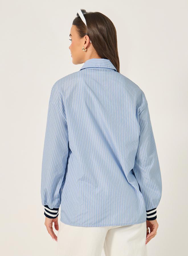 Styli Oversized Striped Collared Shirt with Patch Detail  - Image 5