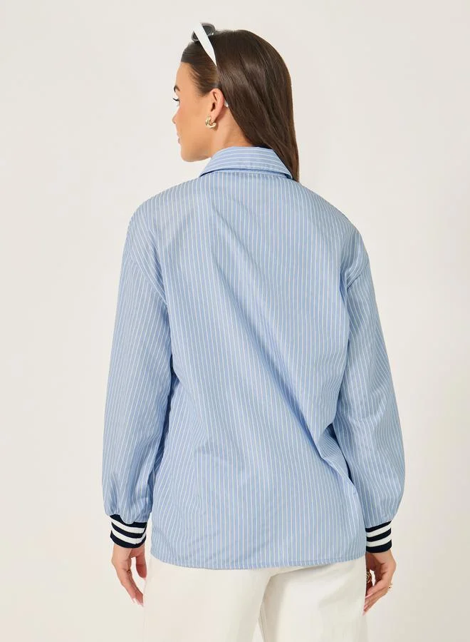 Styli Styli Oversized Striped Collared Shirt with Patch Detail