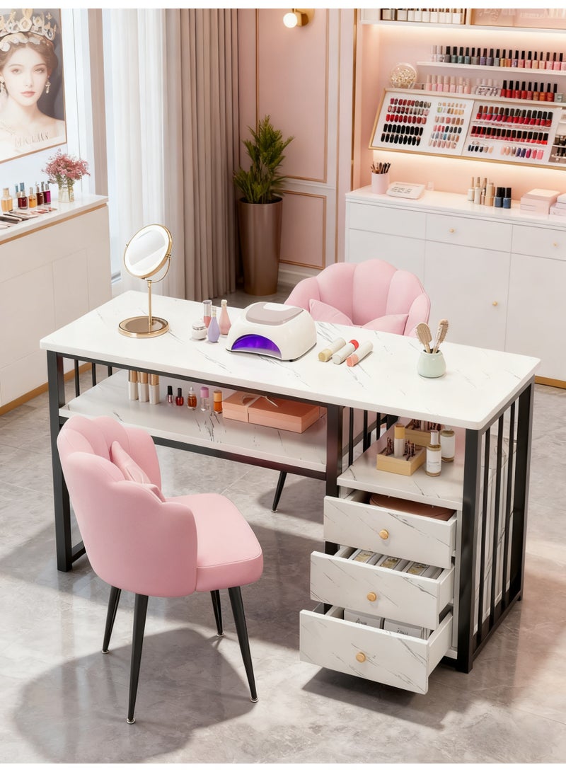 Manicure Nail Table for Nail Tech Marbling Texture with 3 Storage Drawers Beauty Technician Workstation for Home Nail Tech Makeup Beauty Salon Equipment (White,YN128) - Image 1