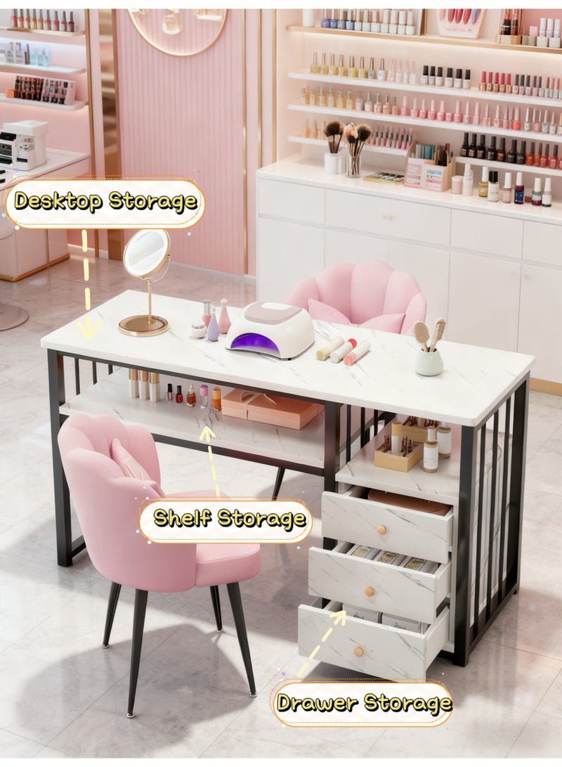 Manicure Nail Table for Nail Tech Marbling Texture with 3 Storage Drawers Beauty Technician Workstation for Home Nail Tech Makeup Beauty Salon Equipment (White,YN128) - Image 2