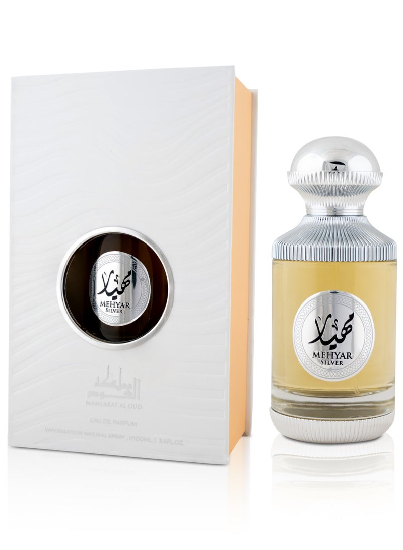 Mamlakat Al Oud Mehyar Silver Unisex Eau De Parfum – 100 ml | Fresh Fruity & Floral Scent with Amberwood & Rhubarb  - Image 1