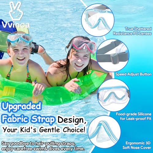 Vvinca Swim-Goggles with Nose Cover, 2 Packs Elastic Fabric Strap Snorkel Swim Mask Anti Fog UV No Pull Hair for Kids 3-14 - Image 2