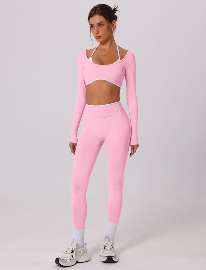 ABOCIW Workout Sets for Women Seamless Color Block Backless Long Sleeve Crop Top Scrunch Butt Lifting High Waist Leggings 2 Piece Gym Yoga Outfits Light Pink Small - Image 3