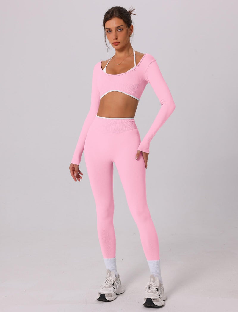 ABOCIW Workout Sets for Women Seamless Color Block Backless Long Sleeve Crop Top Scrunch Butt Lifting High Waist Leggings 2 Piece Gym Yoga Outfits Light Pink Small - Image 2
