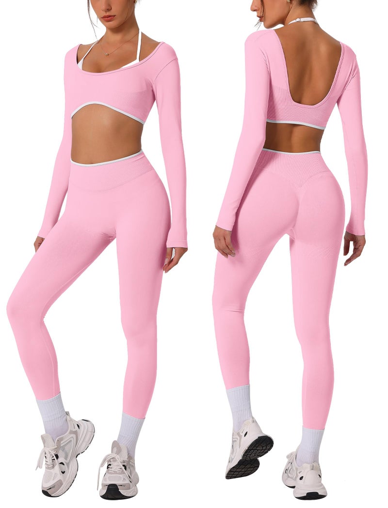 ABOCIW Workout Sets for Women Seamless Color Block Backless Long Sleeve Crop Top Scrunch Butt Lifting High Waist Leggings 2 Piece Gym Yoga Outfits Light Pink Small - Image 1