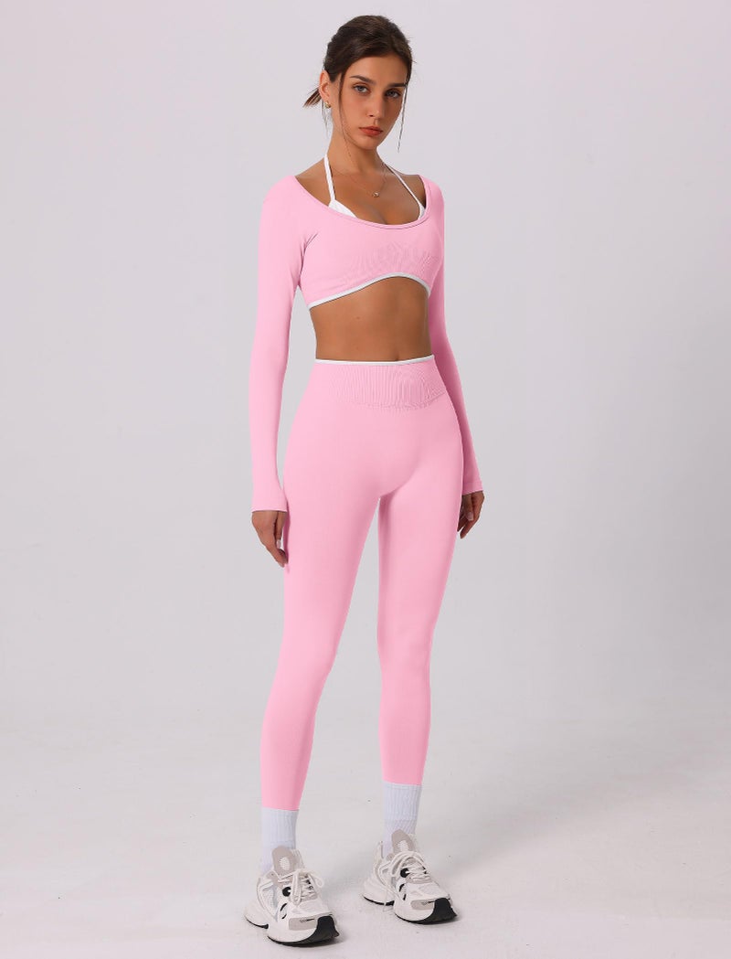 ABOCIW Workout Sets for Women Seamless Color Block Backless Long Sleeve Crop Top Scrunch Butt Lifting High Waist Leggings 2 Piece Gym Yoga Outfits Light Pink Small - Image 5