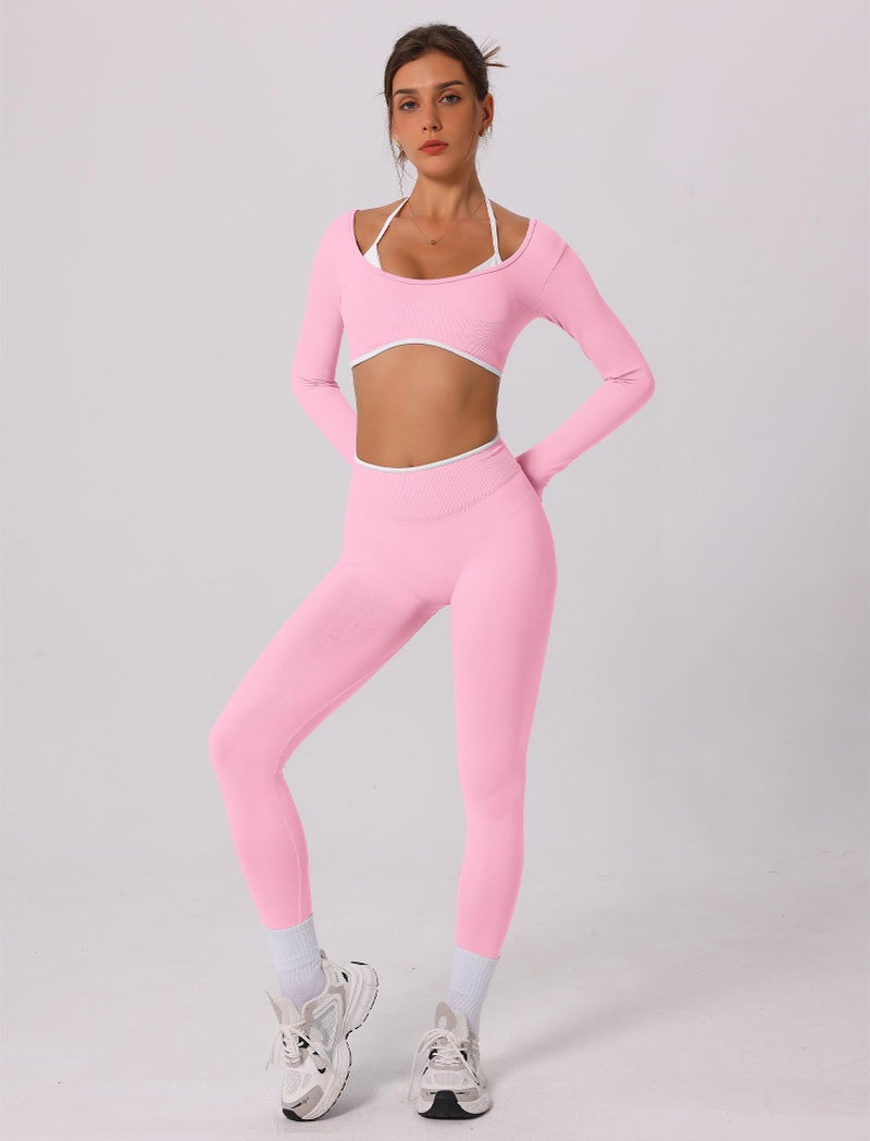 ABOCIW Workout Sets for Women Seamless Color Block Backless Long Sleeve Crop Top Scrunch Butt Lifting High Waist Leggings 2 Piece Gym Yoga Outfits Light Pink Small - Image 4