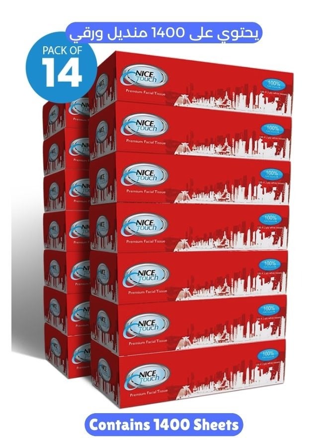 NICE Touch مناديل وجه مزدوجة 2 طبقة، 1400 ورقة ناعمة ممتازة، 14 عبوة تحتوي على 100 ورقة - صناديق مناديل رفيعة ومضغوطة للاستخدام في السيارة، 100% سليلوز - Image 1