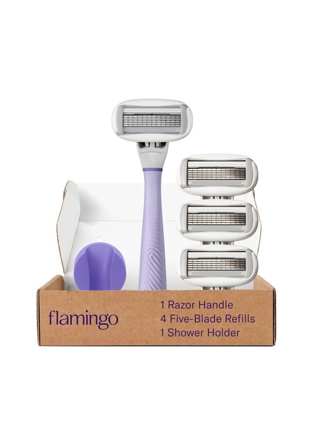 Flamingo Razors for Women, 1 Women's Razor Handle (Lilac), 4 Razor Five-Blade Refills, and 1 Shower Holder - Image 1