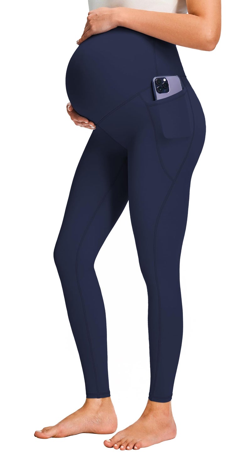 JOYSPELS Smooth Feeling Maternity Leggings Over The Belly with Pockets Workout Pregnancy Leggings Navy - Image 1