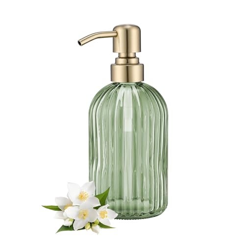 Leetcp 16Oz Green Glass Soap Dispenser with Rust Proof Stainless Steel Pump, Green Stripe Bathroom Hand Dish Lotion Dispensers with Brushed Gold Pump,Brushed Gold Glass Soap Dispenser - Image 1