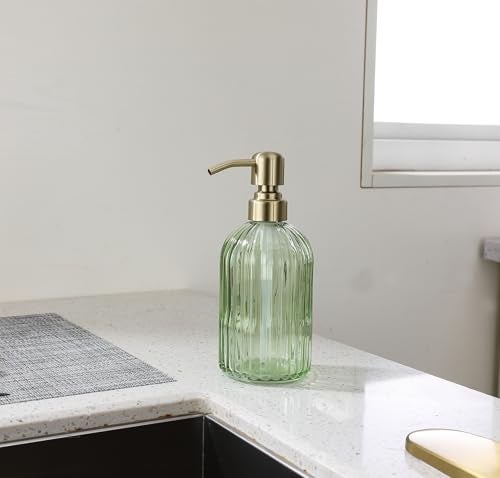 Leetcp 16Oz Green Glass Soap Dispenser with Rust Proof Stainless Steel Pump, Green Stripe Bathroom Hand Dish Lotion Dispensers with Brushed Gold Pump,Brushed Gold Glass Soap Dispenser - Image 4