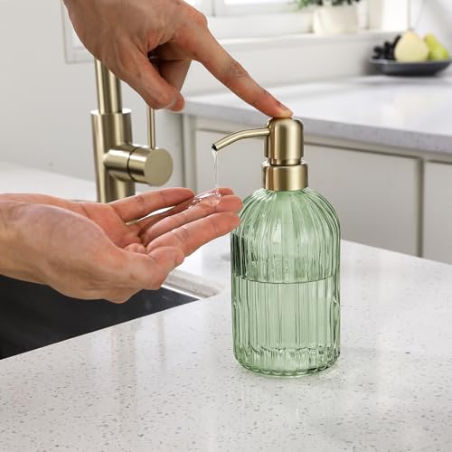 Leetcp 16Oz Green Glass Soap Dispenser with Rust Proof Stainless Steel Pump, Green Stripe Bathroom Hand Dish Lotion Dispensers with Brushed Gold Pump,Brushed Gold Glass Soap Dispenser - Image 2